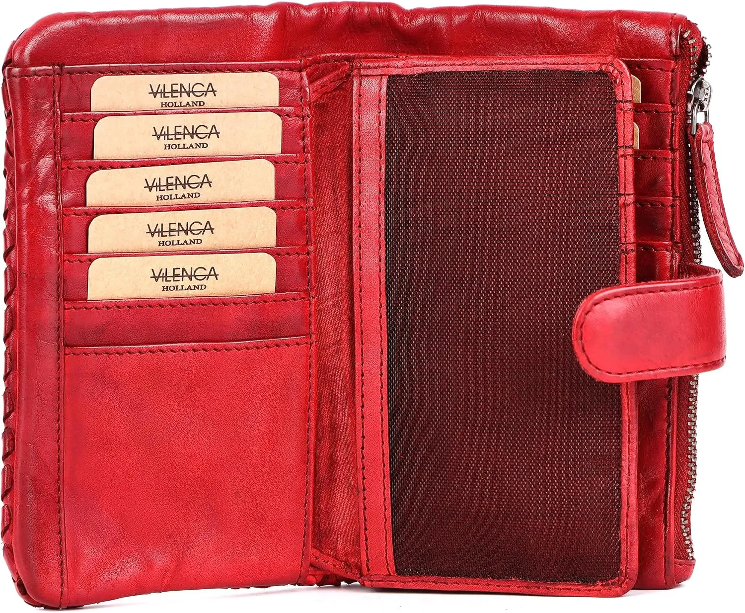 Genuine Leather Wallets for Women, Small Wallet for Ladies Zipper Coin Purse Credit Card Holder with Strap (VL-163-RED)