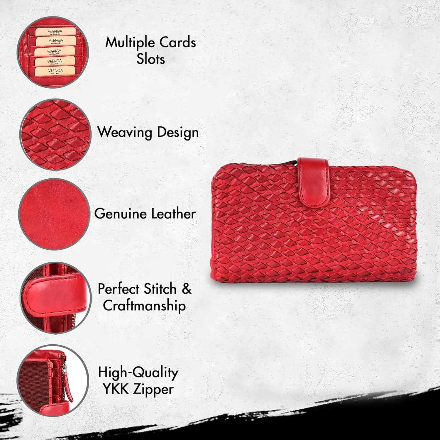 Genuine Leather Wallets for Women, Small Wallet for Ladies Zipper Coin Purse Credit Card Holder with Strap (VL-163-RED)