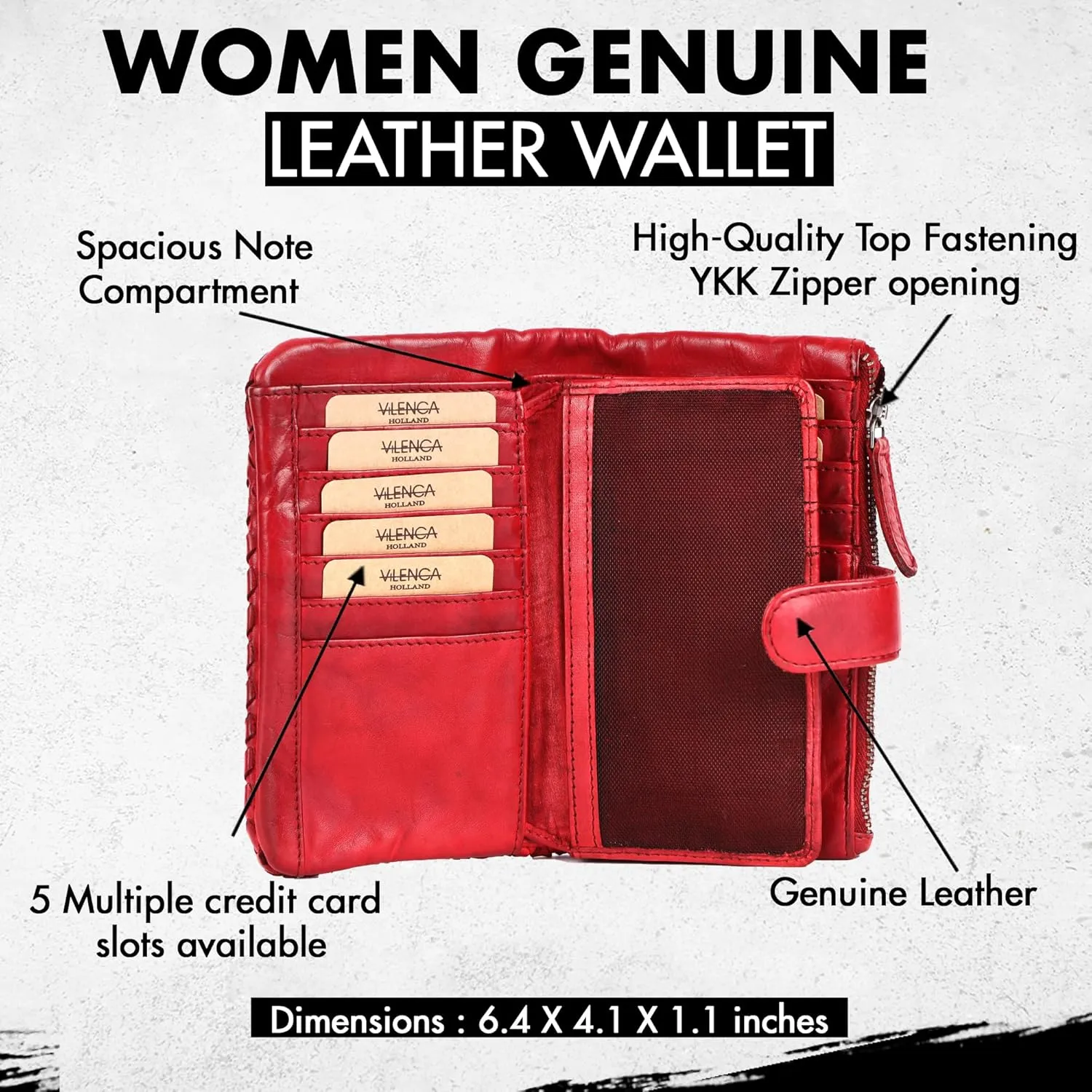 Genuine Leather Wallets for Women, Small Wallet for Ladies Zipper Coin Purse Credit Card Holder with Strap (VL-163-RED)
