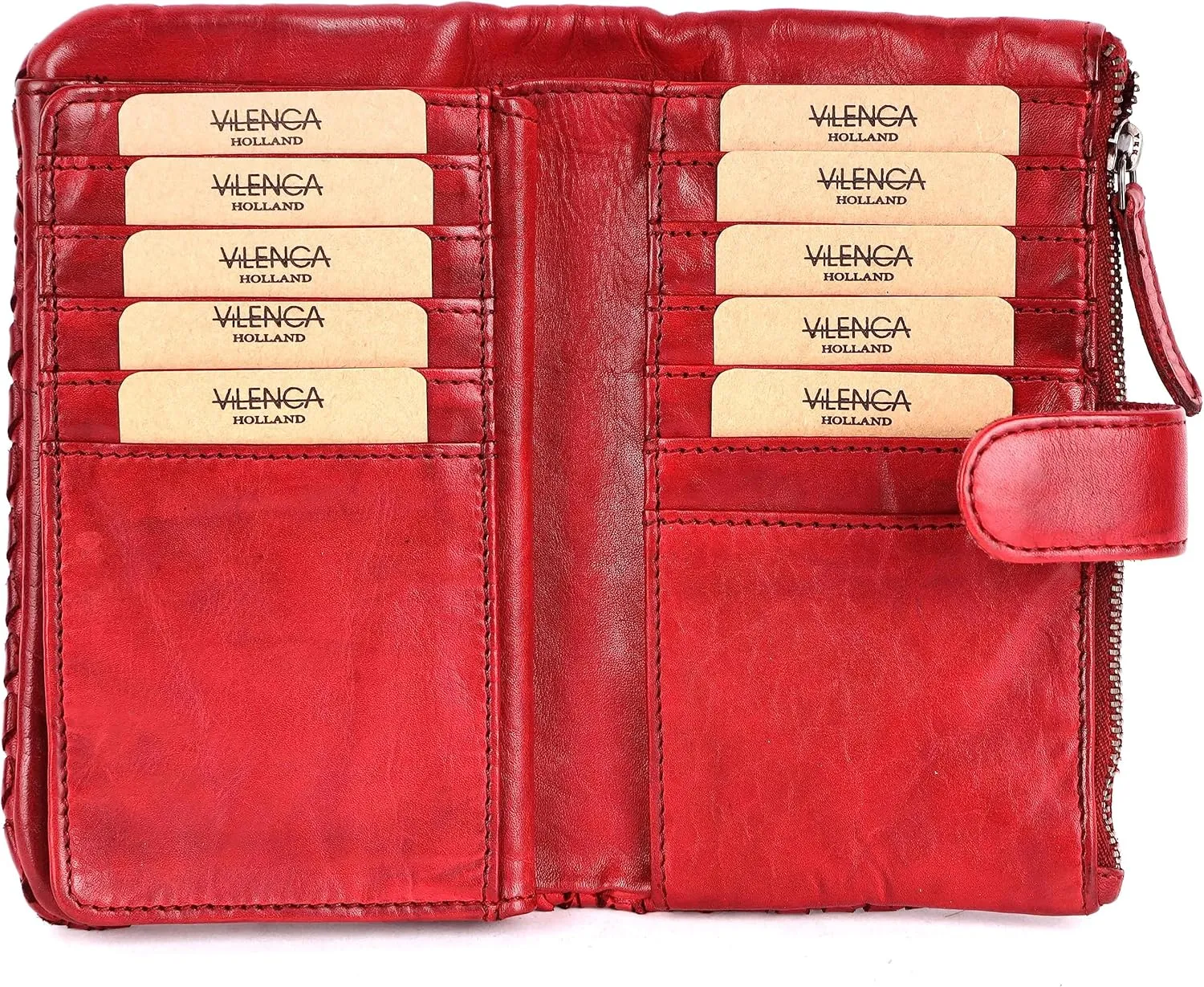 Genuine Leather Wallets for Women, Small Wallet for Ladies Zipper Coin Purse Credit Card Holder with Strap (VL-163-RED)