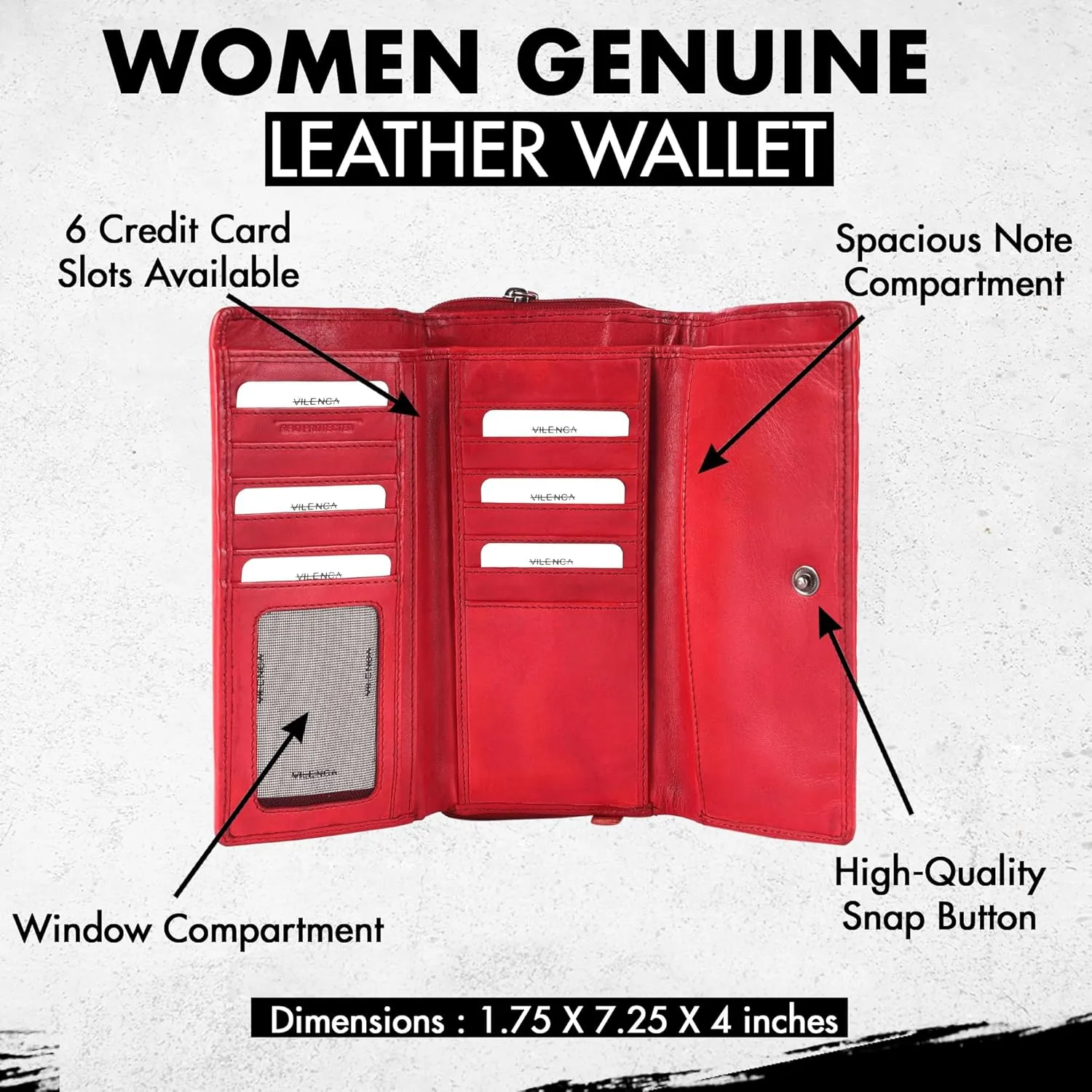 Genuine Leather Wallets for Women, Small Wallet for Ladies Zipper Coin Purse Credit Card Holder with Strap (VL-409-Red)