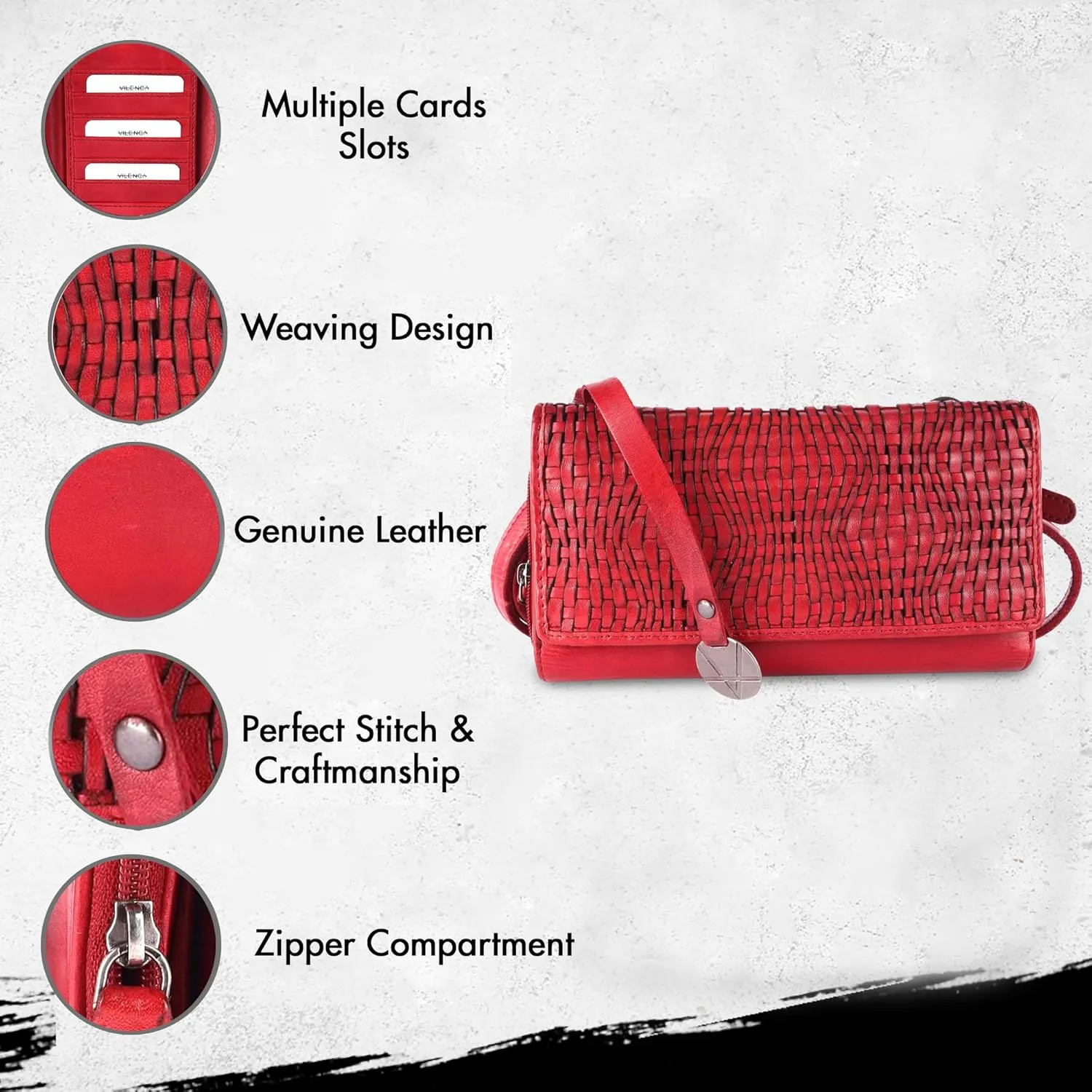 Genuine Leather Wallets for Women, Small Wallet for Ladies Zipper Coin Purse Credit Card Holder with Strap (VL-409-Red)