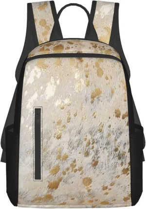 Gold Cowhide Print Metallic Lightweight Backpack For Women Men, Casual Polyester Daypack Bookbag Travel Hiking Bag, Durable Laptop Backpack