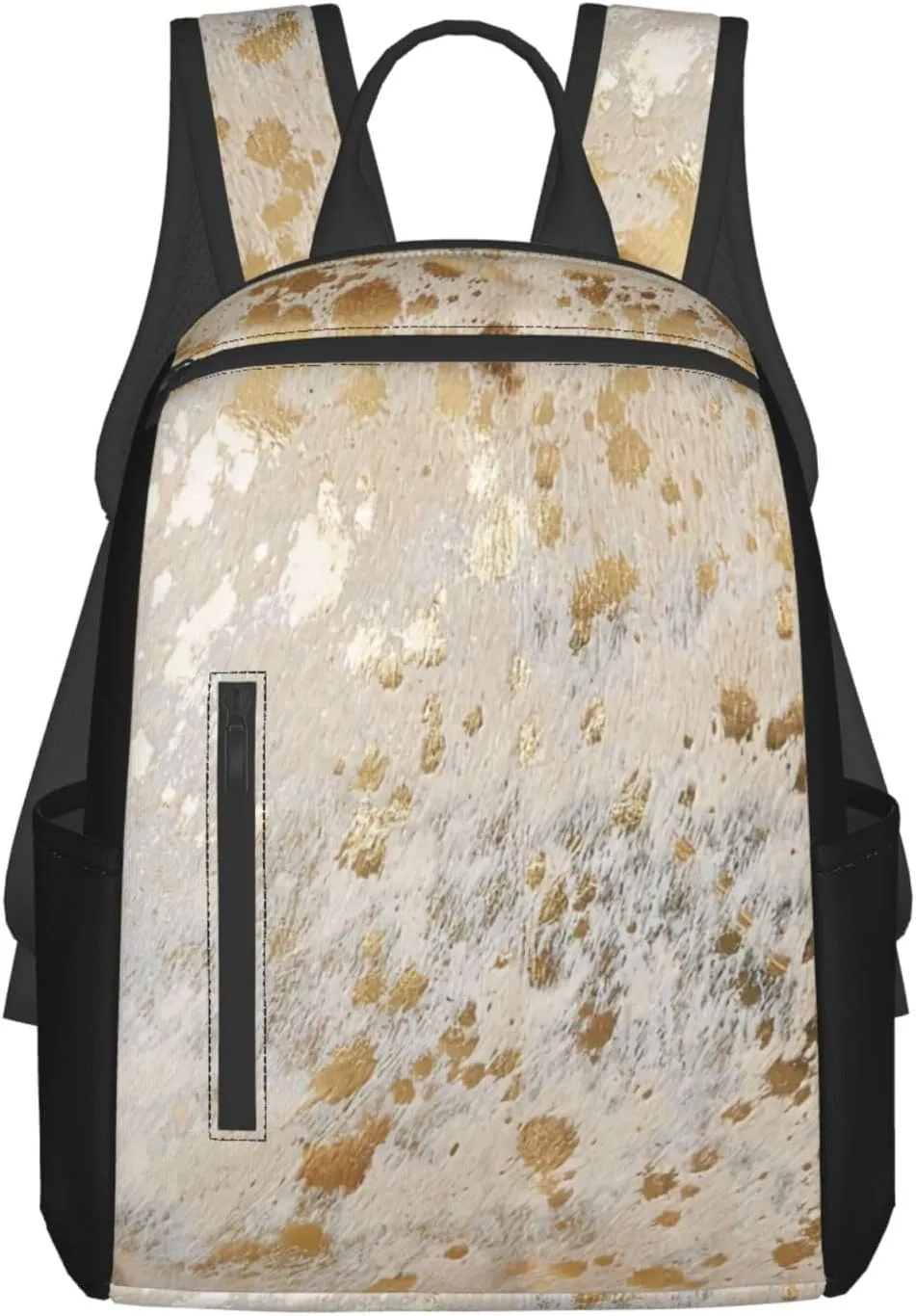 Gold Cowhide Print Metallic Lightweight Backpack For Women Men, Casual Polyester Daypack Bookbag Travel Hiking Bag, Durable Laptop Backpack