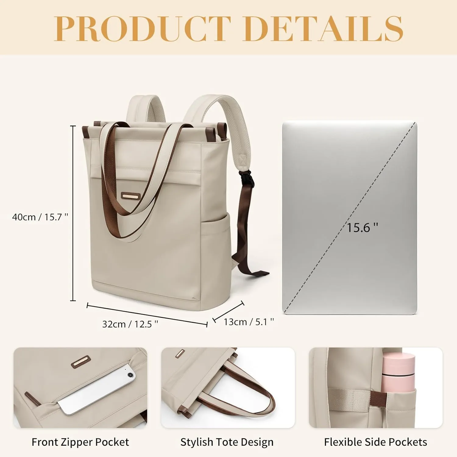 GOLF SUPAGS Convertible Laptop Backpack for Women Casual Daypack Notebook Tote Bag for Work College Travel Leisure (Apricot)