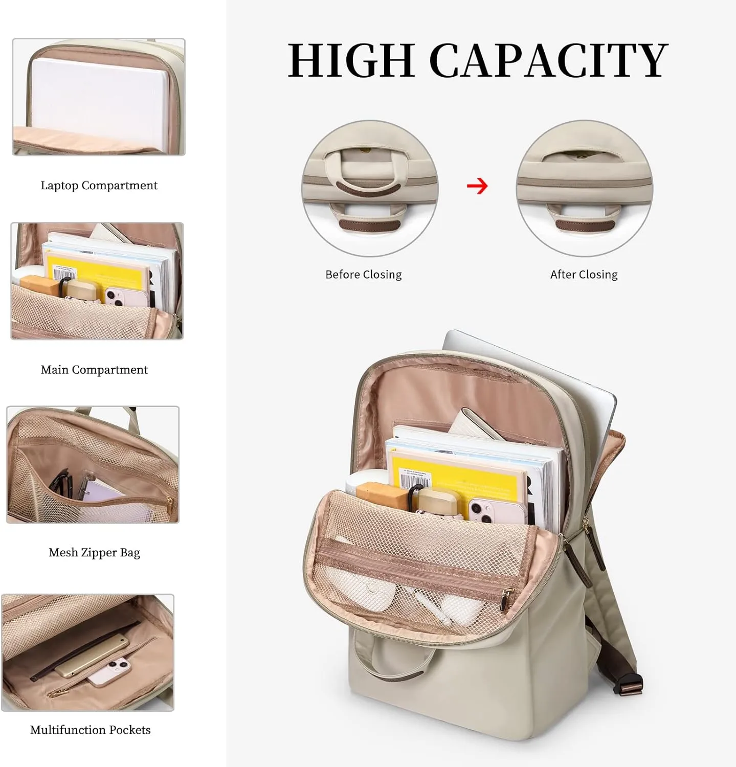 GOLF SUPAGS Travel Laptop Backpack for Women Anti Theft Slim Durable College Bookbag Business Computer Bag Fit 15.6Inch Notebook (Apricot, 15.6Inch)