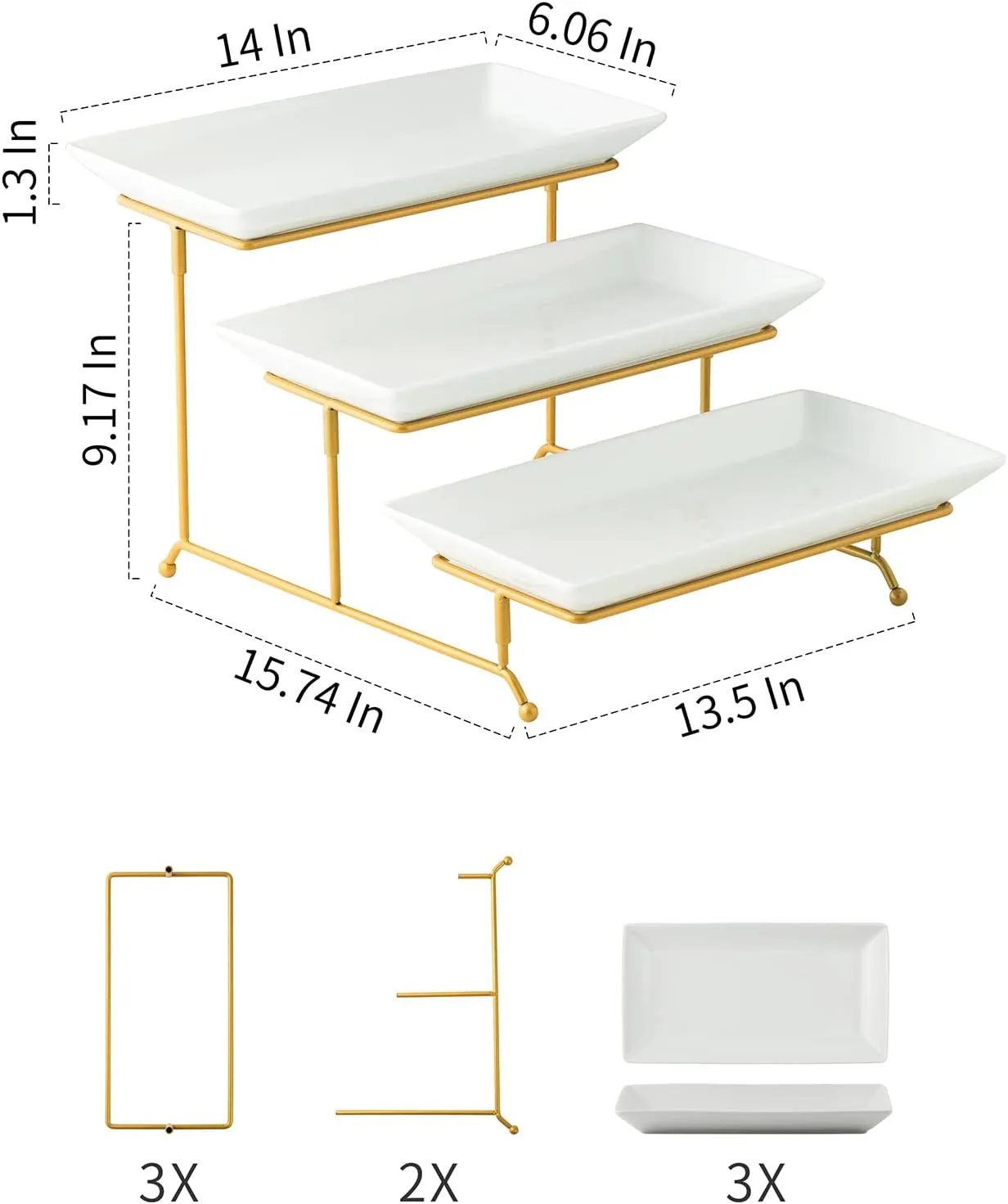 Gomakren 3 Tier Serving Stand with Porcelain Serving Platter Tray - Collapsible Gold Stand with 3 Piece Large14 Inch White Plates for Food Presentation Dessert Server Display and Entertaining