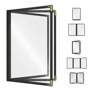 Goodsmart Restaurant Menu Covers - 25 Pack Black 8.5" x 11", 3-Page/6-View, Side-Loading Vinyl Menu Holders, Clear Sleeves, Double-Stitched Edge, Leather-Style Café Covers with Gold Corners
