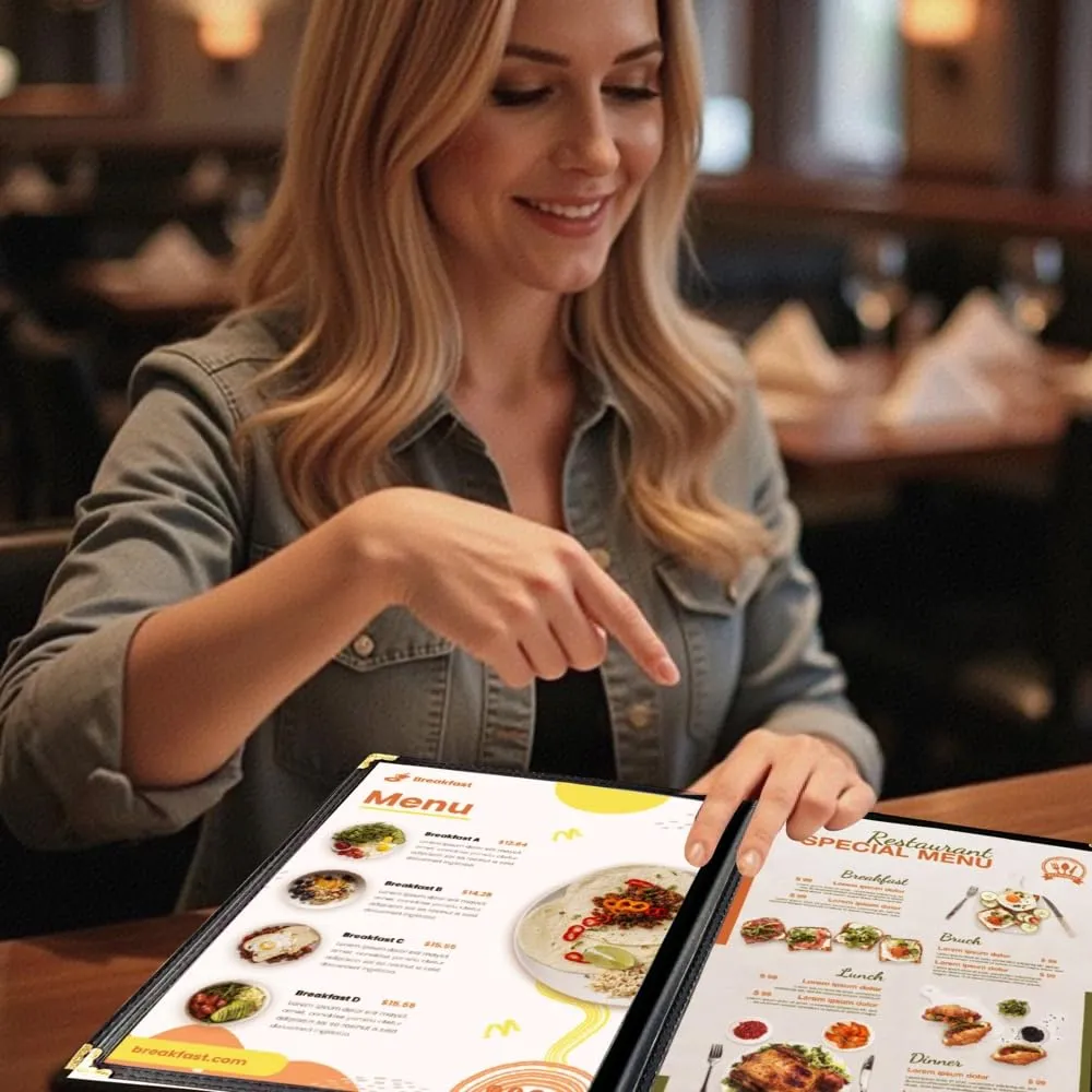 Goodsmart Restaurant Menu Covers - 25 Pack Black 8.5" x 11", 3-Page/6-View, Side-Loading Vinyl Menu Holders, Clear Sleeves, Double-Stitched Edge, Leather-Style Café Covers with Gold Corners