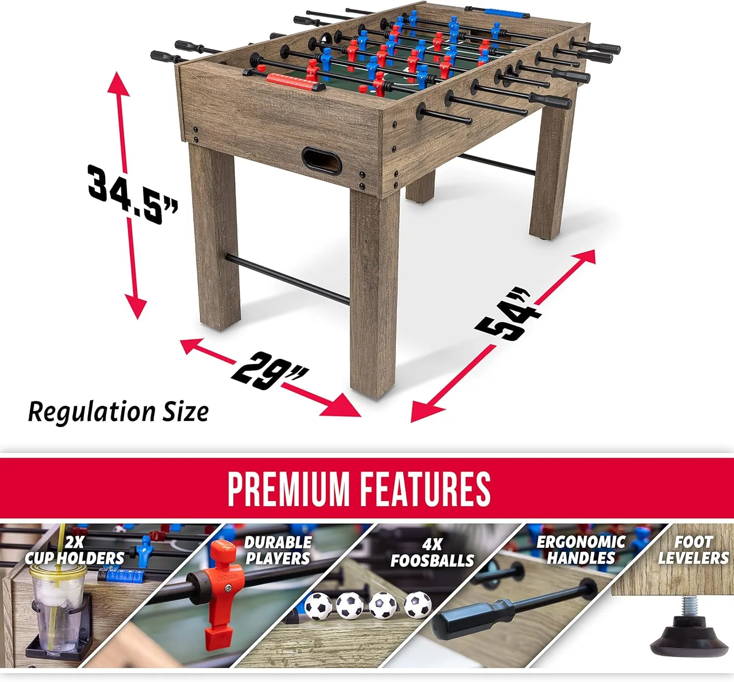 GoSports 54 Inch Full Size Foosball Table - Black, Oak, or White - Includes 4 Balls and 2 Cup Holders