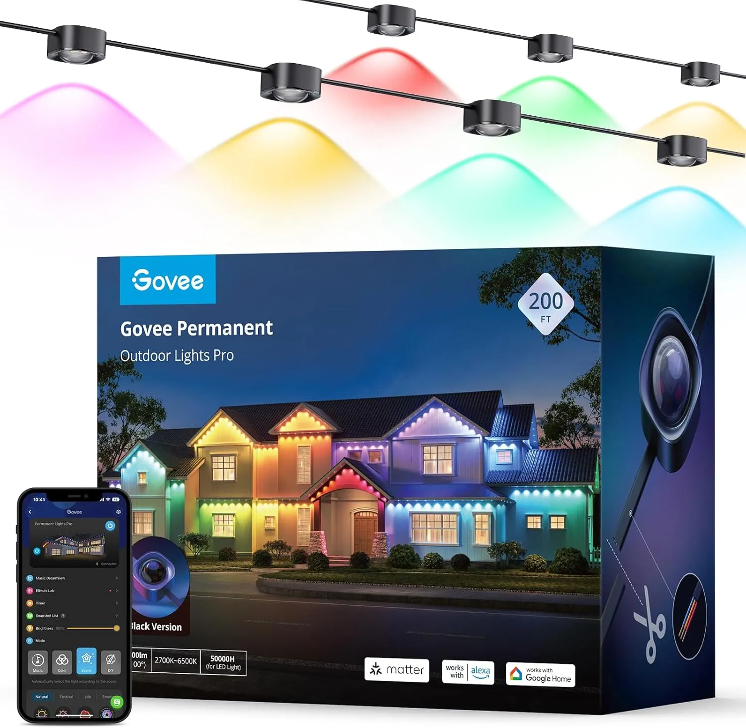 Govee Permanent Outdoor Lights Pro, 200ft with 120 RGBIC LED Lights for Daily and Accent Lighting, 75 Scene Modes for Outdoor Decor, IP67 Waterproof, Works with Alexa, Google Assistant, Matter, Black