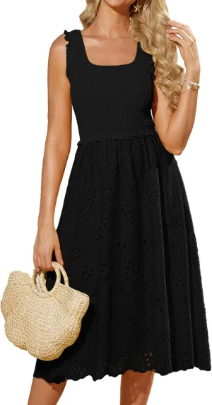 GRACE KARIN 2025 Womens Dress Summer Sleeveless Casual Vacation Embroidered Midi Dress with Pockets
