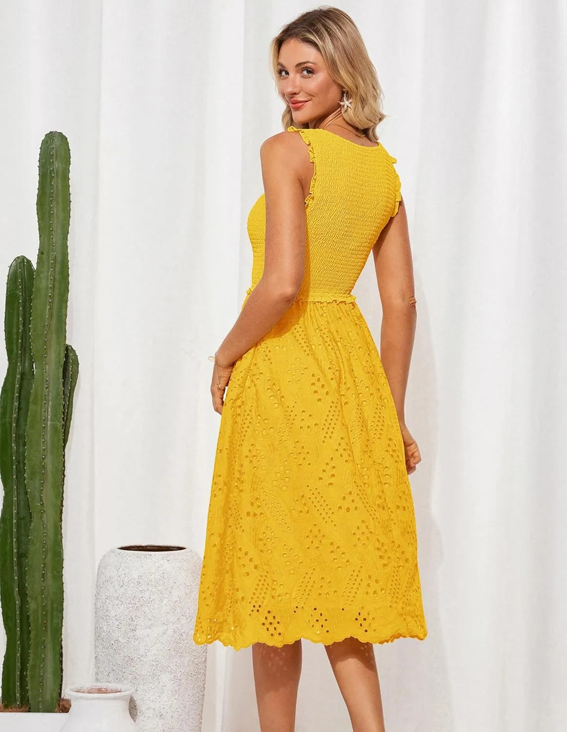 GRACE KARIN 2025 Womens Dress Summer Sleeveless Casual Vacation Embroidered Midi Dress with Pockets