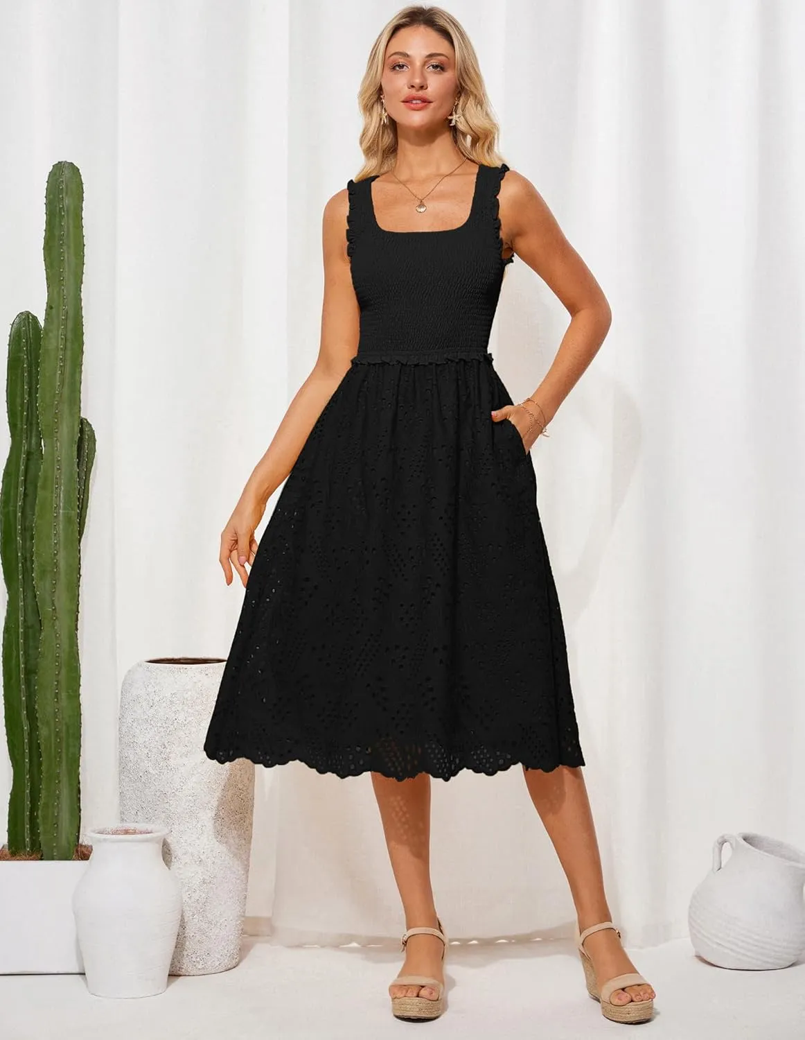 GRACE KARIN 2025 Womens Dress Summer Sleeveless Casual Vacation Embroidered Midi Dress with Pockets