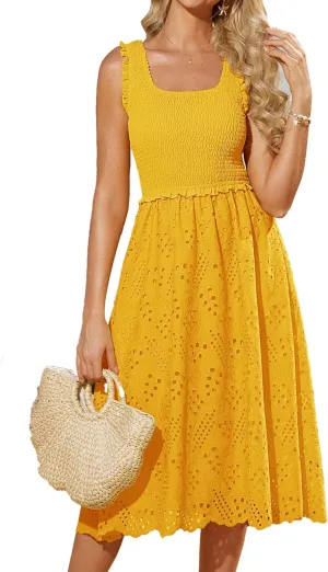 GRACE KARIN 2025 Womens Dress Summer Sleeveless Casual Vacation Embroidered Midi Dress with Pockets