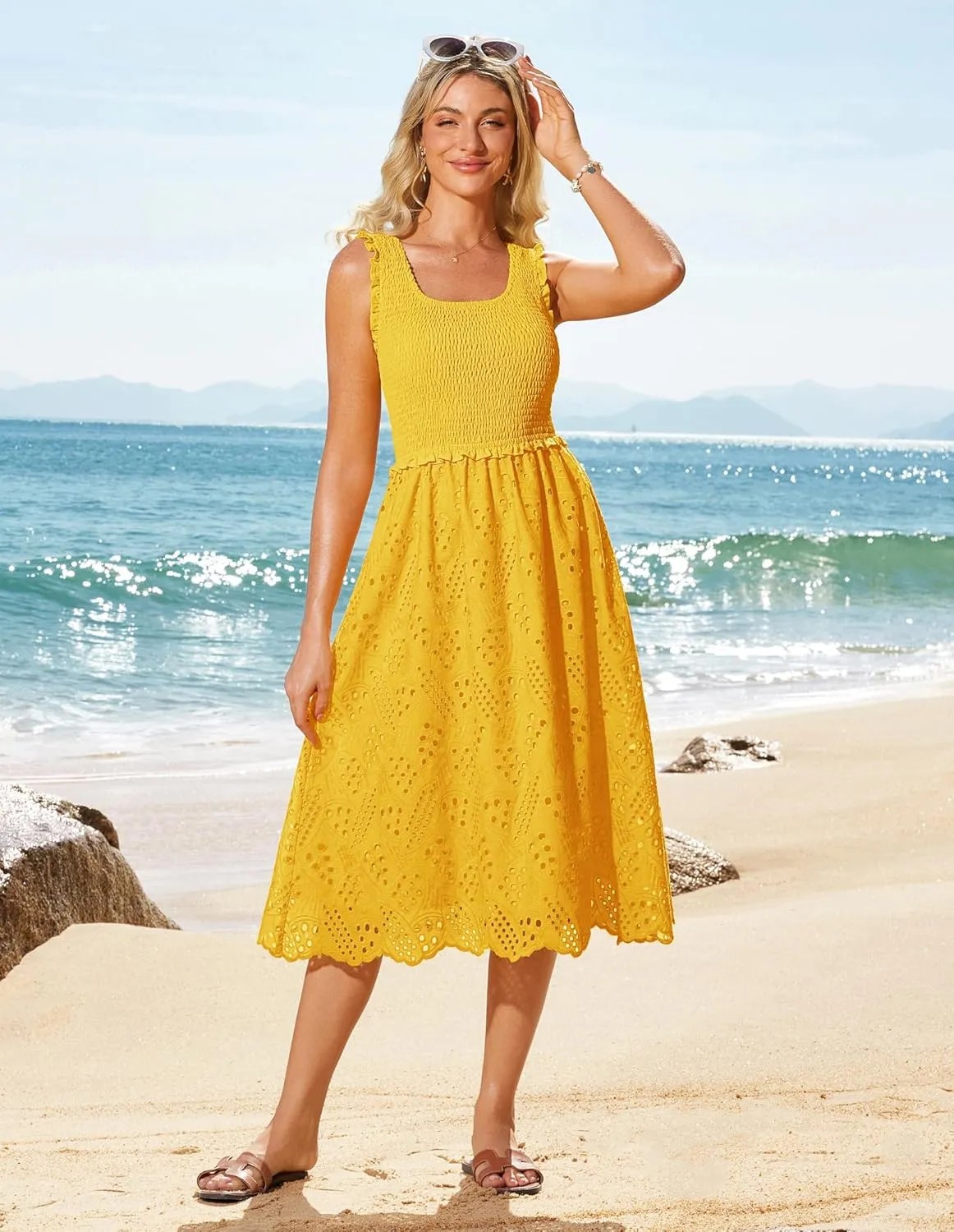 GRACE KARIN 2025 Womens Dress Summer Sleeveless Casual Vacation Embroidered Midi Dress with Pockets
