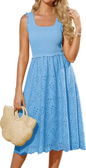 GRACE KARIN 2025 Womens Dress Summer Sleeveless Casual Vacation Embroidered Midi Dress with Pockets