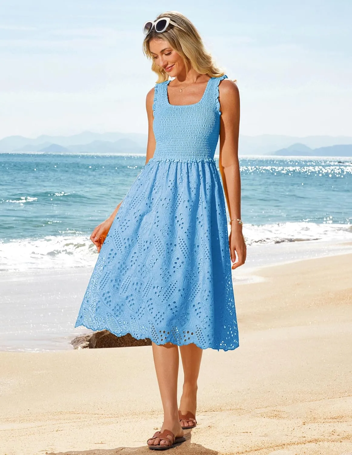 GRACE KARIN 2025 Womens Dress Summer Sleeveless Casual Vacation Embroidered Midi Dress with Pockets
