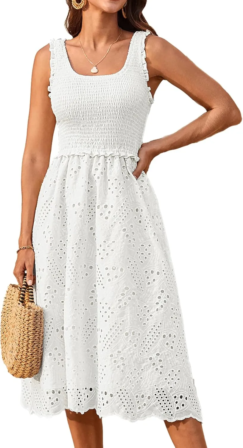 GRACE KARIN 2025 Womens Dress Summer Sleeveless Casual Vacation Embroidered Midi Dress with Pockets
