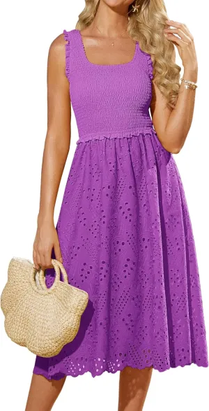 GRACE KARIN 2025 Womens Dress Summer Sleeveless Casual Vacation Embroidered Midi Dress with Pockets