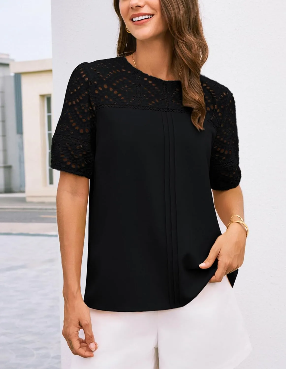 GRACE KARIN Women's 2025 Casual Tops Short Sleeve Eyelet Embroidered Summer Trendy Shirts Crewneck Crochet Blouses