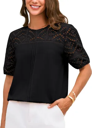 GRACE KARIN Women's 2025 Casual Tops Short Sleeve Eyelet Embroidered Summer Trendy Shirts Crewneck Crochet Blouses