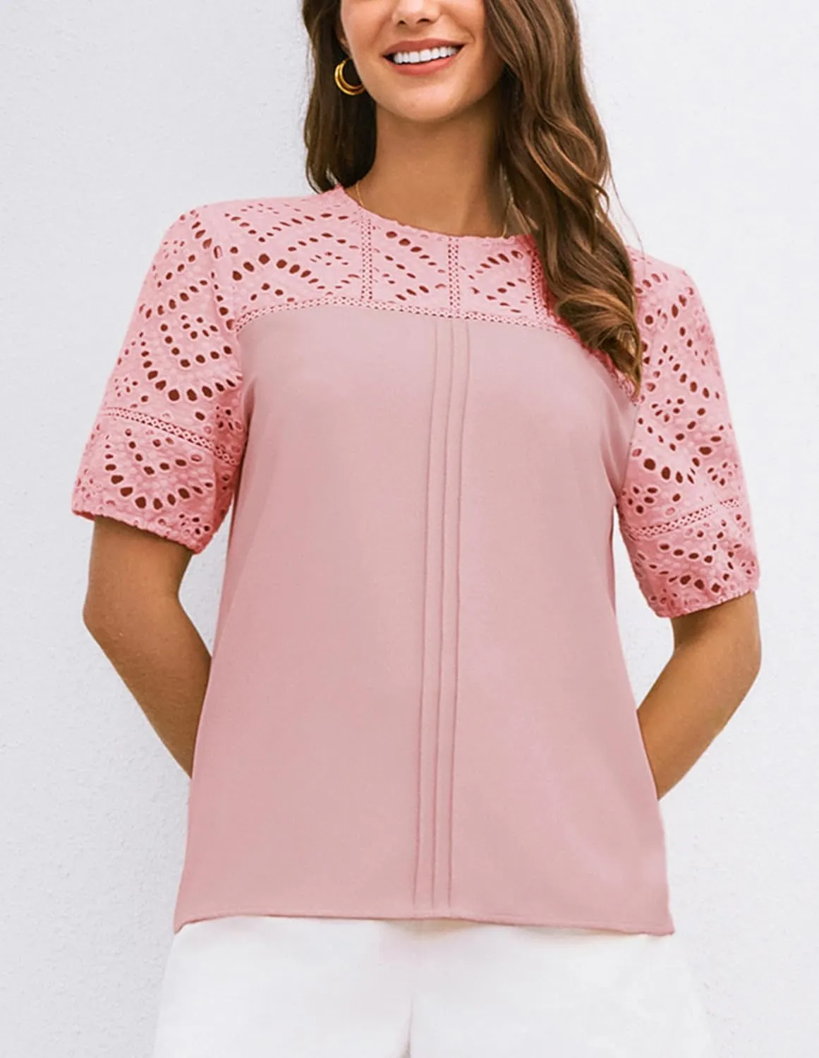 GRACE KARIN Women's 2025 Casual Tops Short Sleeve Eyelet Embroidered Summer Trendy Shirts Crewneck Crochet Blouses