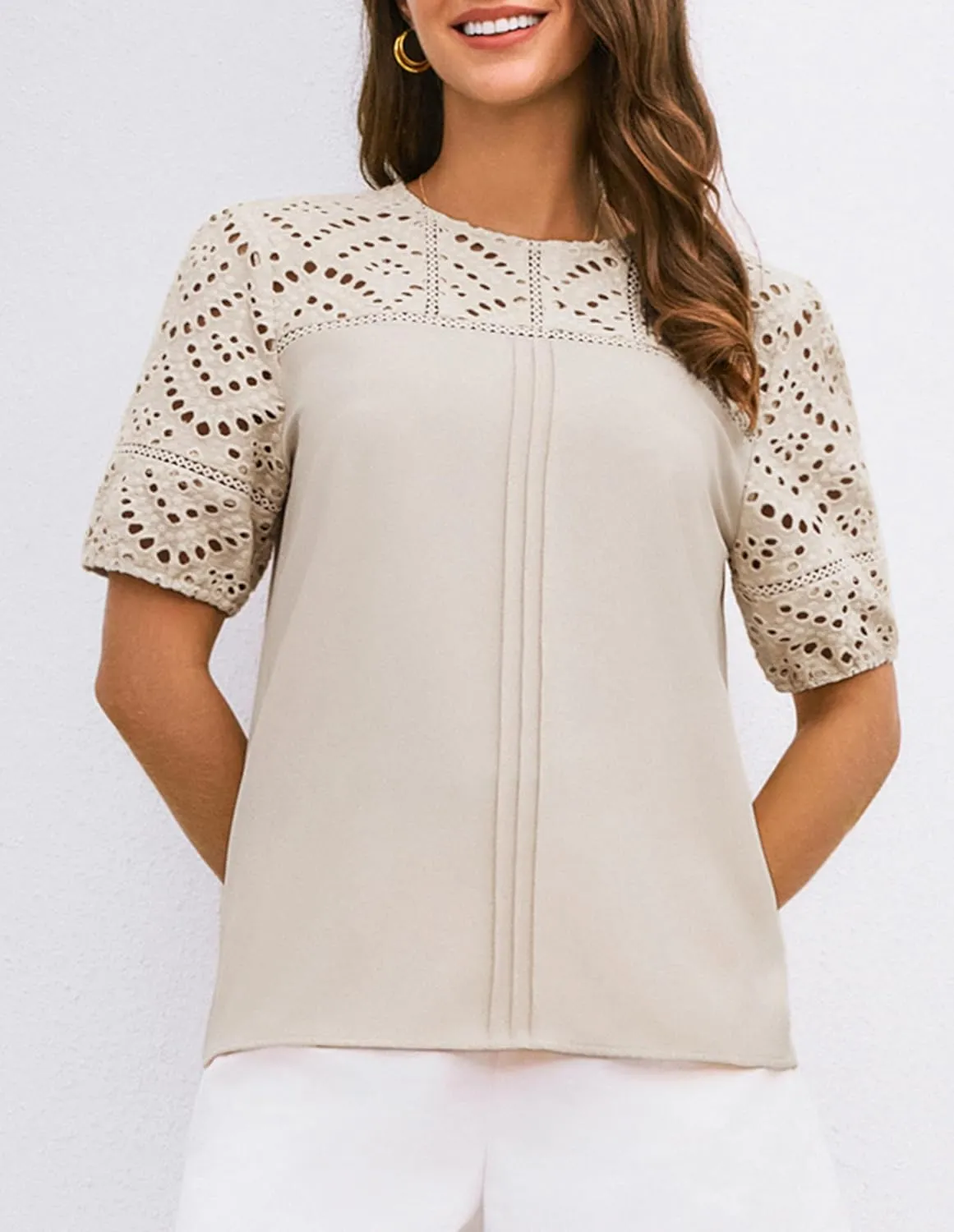 GRACE KARIN Women's 2025 Casual Tops Short Sleeve Eyelet Embroidered Summer Trendy Shirts Crewneck Crochet Blouses