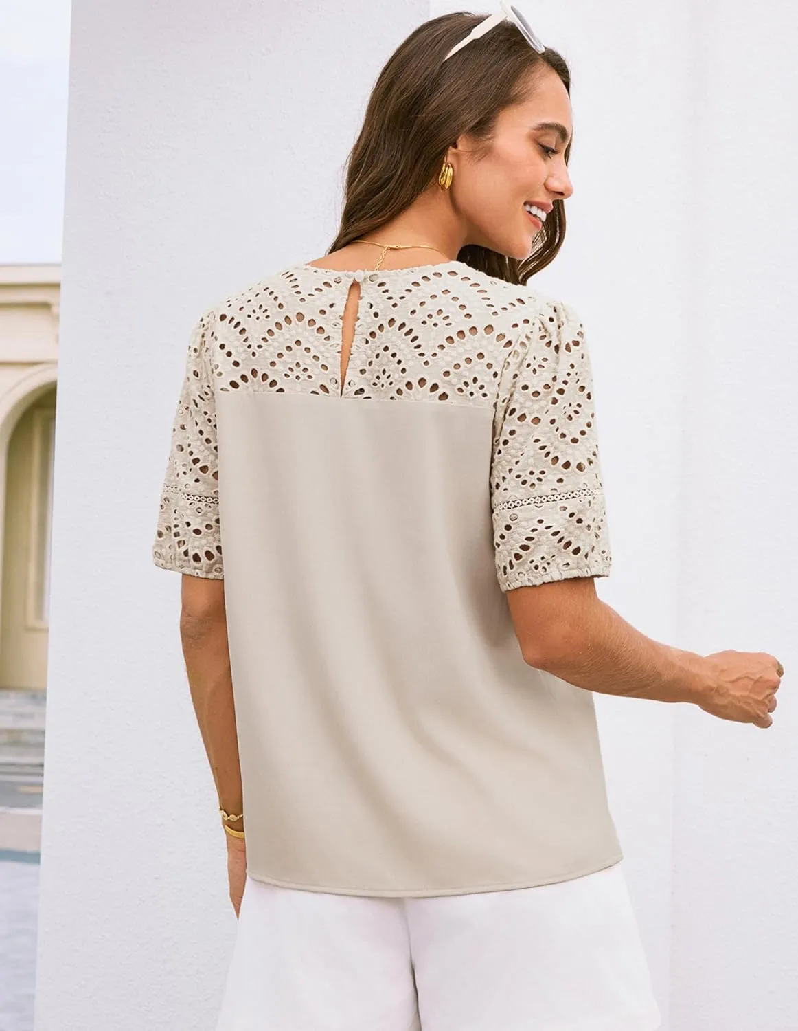 GRACE KARIN Women's 2025 Casual Tops Short Sleeve Eyelet Embroidered Summer Trendy Shirts Crewneck Crochet Blouses