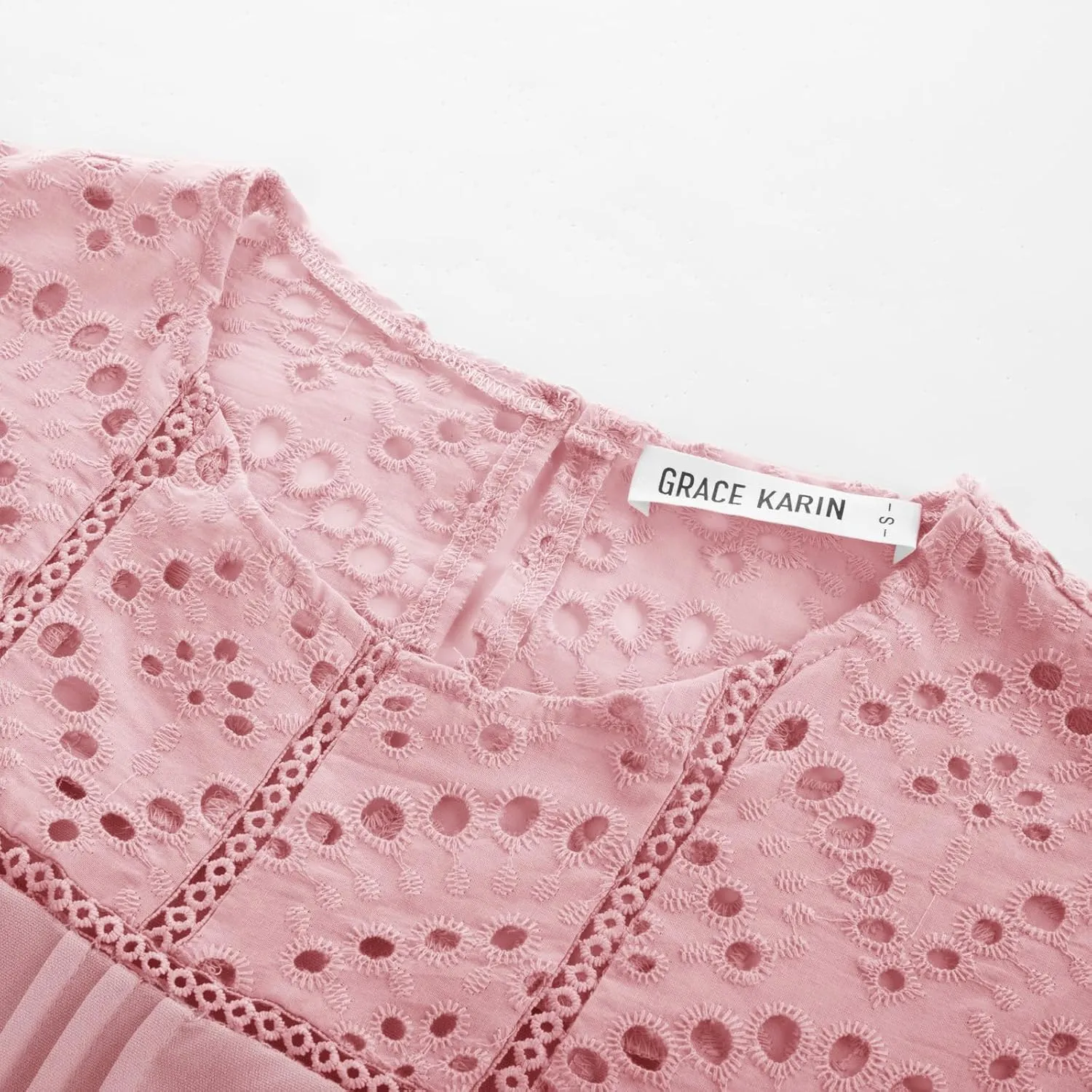 GRACE KARIN Women's 2025 Casual Tops Short Sleeve Eyelet Embroidered Summer Trendy Shirts Crewneck Crochet Blouses
