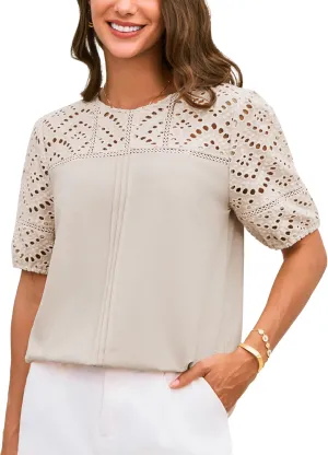 GRACE KARIN Women's 2025 Casual Tops Short Sleeve Eyelet Embroidered Summer Trendy Shirts Crewneck Crochet Blouses