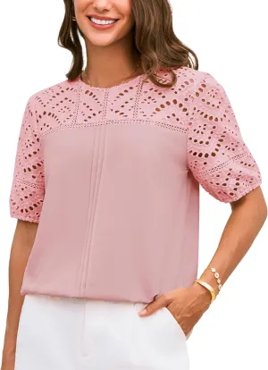GRACE KARIN Women's 2025 Casual Tops Short Sleeve Eyelet Embroidered Summer Trendy Shirts Crewneck Crochet Blouses