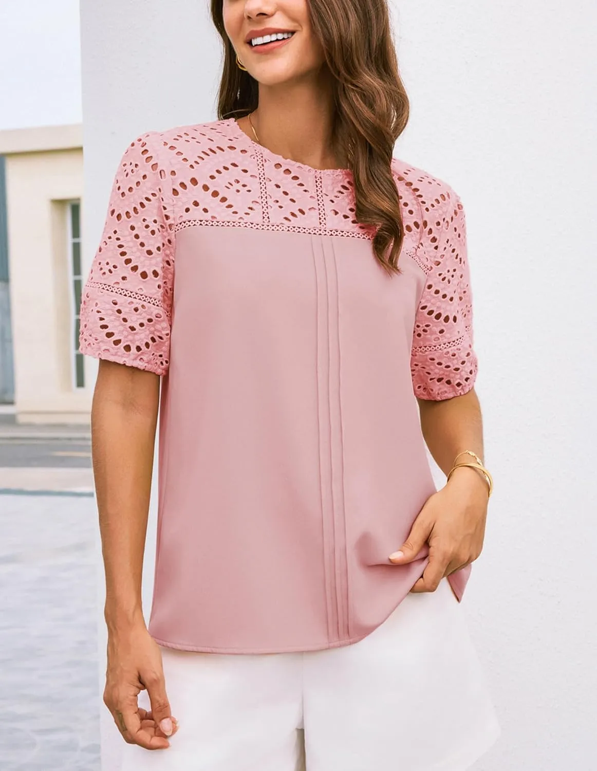GRACE KARIN Women's 2025 Casual Tops Short Sleeve Eyelet Embroidered Summer Trendy Shirts Crewneck Crochet Blouses