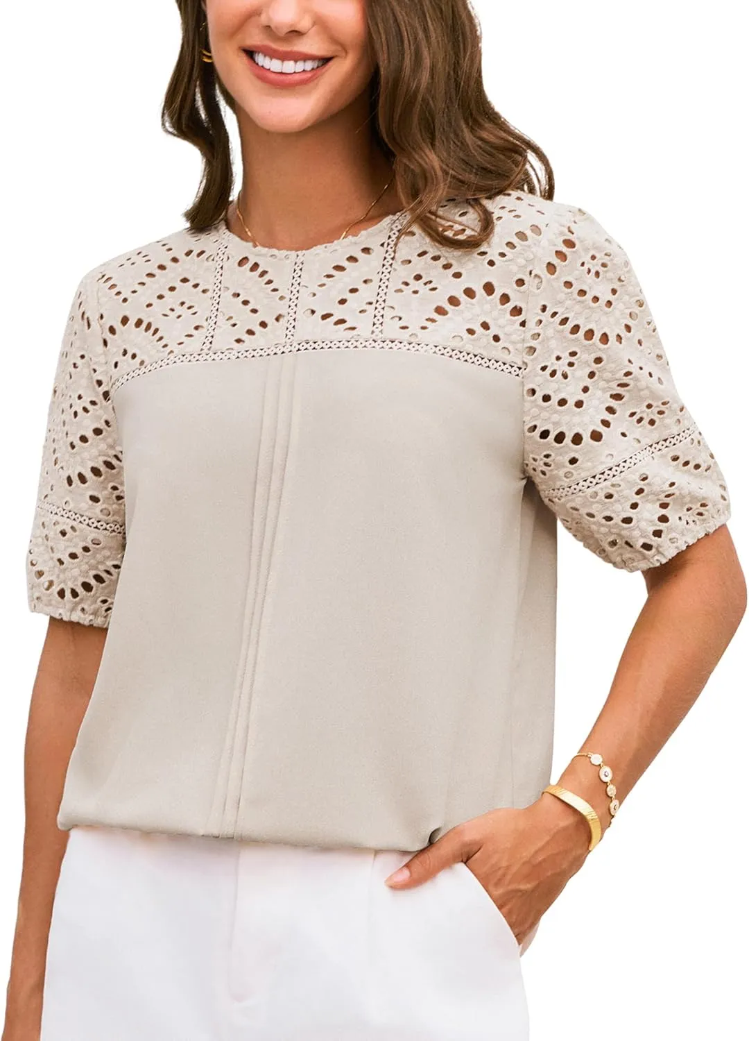 GRACE KARIN Women's 2025 Casual Tops Short Sleeve Eyelet Embroidered Summer Trendy Shirts Crewneck Crochet Blouses
