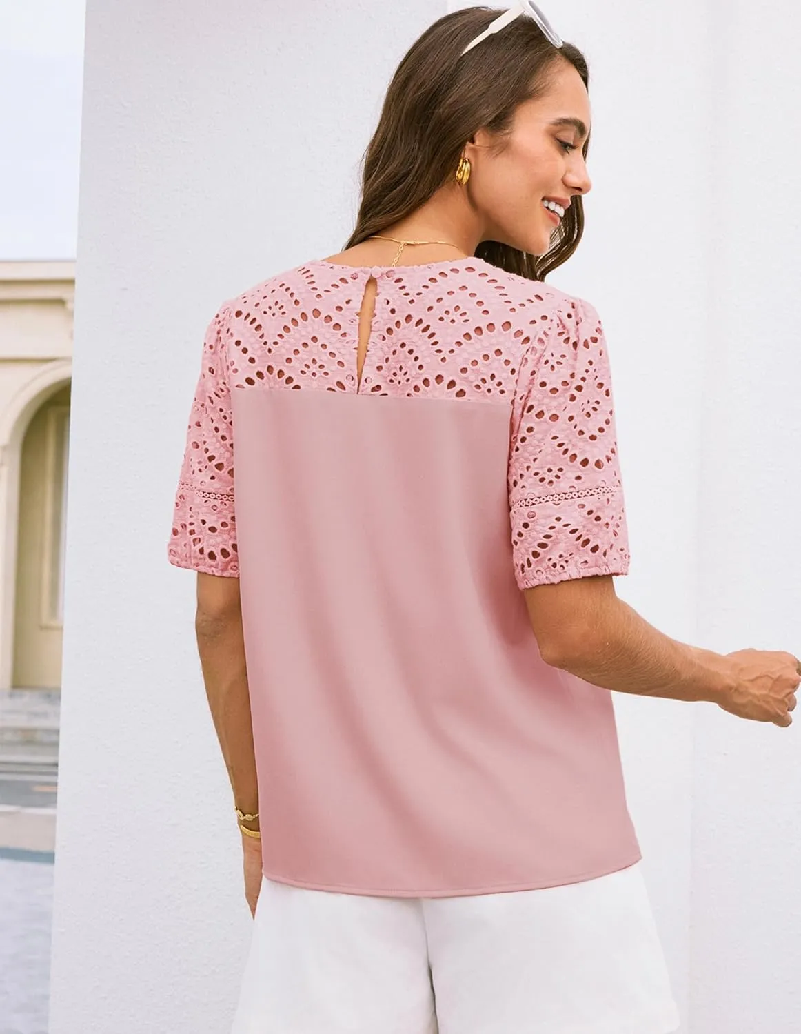 GRACE KARIN Women's 2025 Casual Tops Short Sleeve Eyelet Embroidered Summer Trendy Shirts Crewneck Crochet Blouses