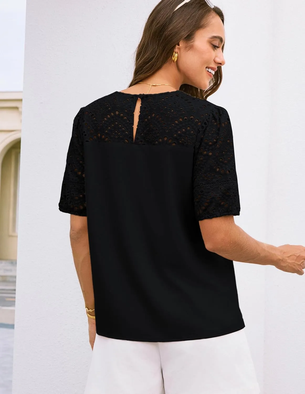 GRACE KARIN Women's 2025 Casual Tops Short Sleeve Eyelet Embroidered Summer Trendy Shirts Crewneck Crochet Blouses
