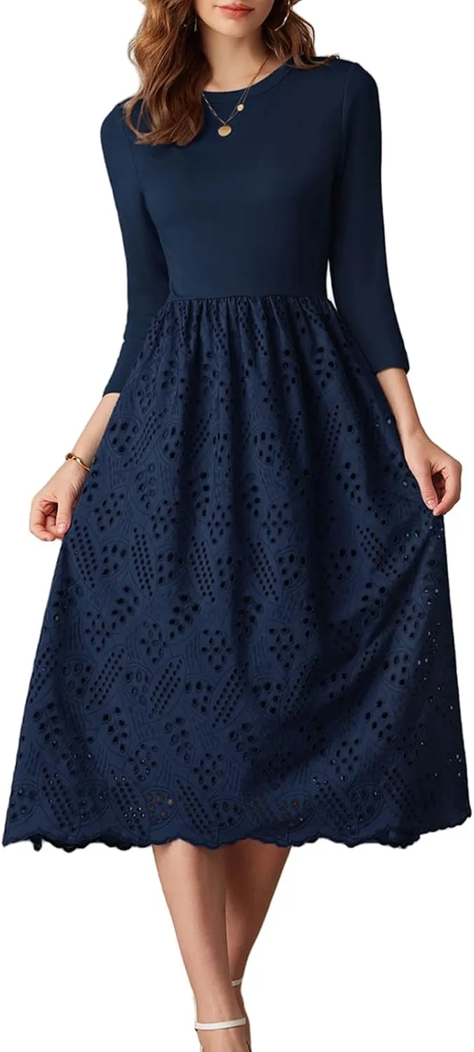 GRACE KARIN Womens Summer 3/4 Sleeve Dress with Pockets A Line Midi Eyelet Dress Empire Waist Casual Fall Flowy Dress