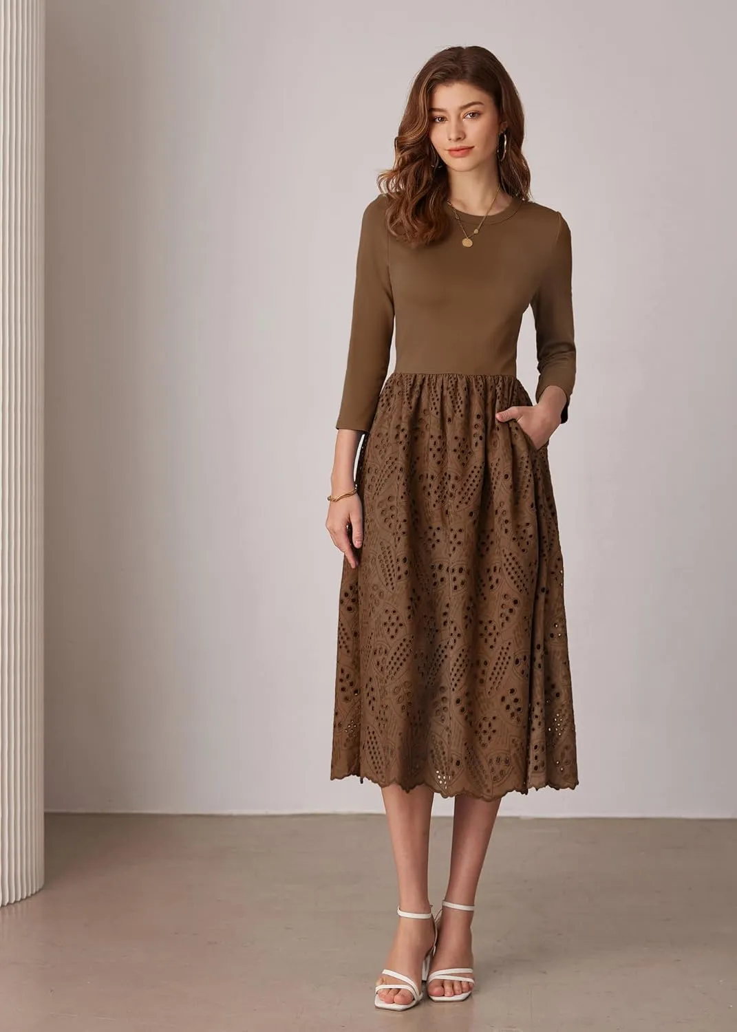 GRACE KARIN Womens Summer 3/4 Sleeve Dress with Pockets A Line Midi Eyelet Dress Empire Waist Casual Fall Flowy Dress