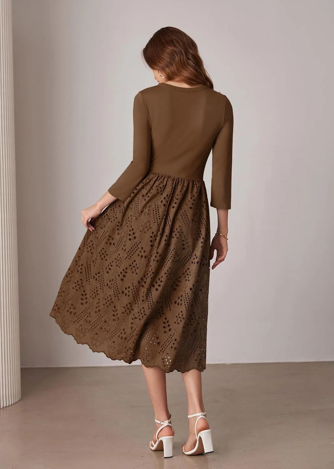 GRACE KARIN Womens Summer 3/4 Sleeve Dress with Pockets A Line Midi Eyelet Dress Empire Waist Casual Fall Flowy Dress