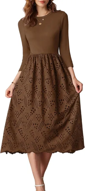 GRACE KARIN Womens Summer 3/4 Sleeve Dress with Pockets A Line Midi Eyelet Dress Empire Waist Casual Fall Flowy Dress
