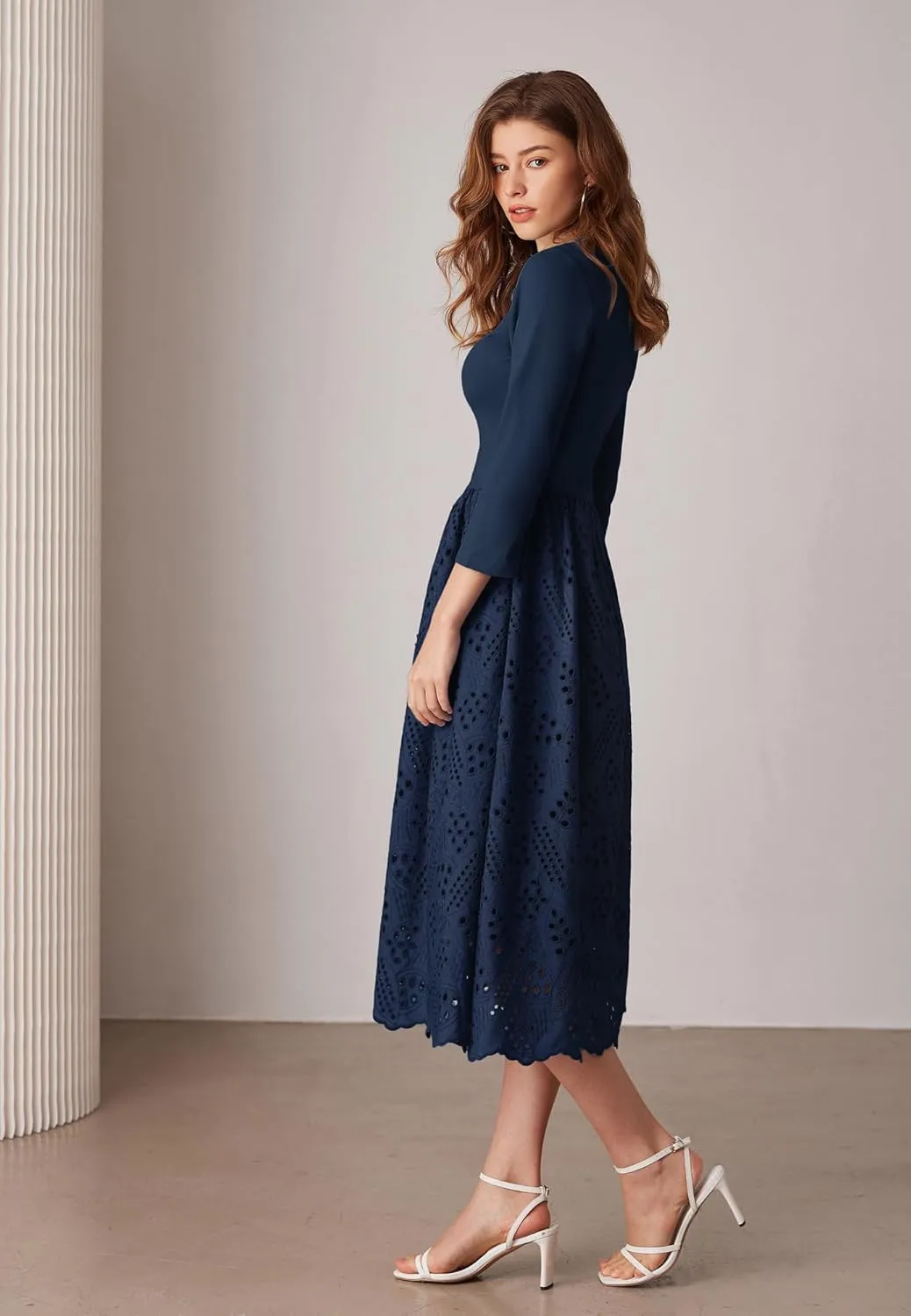 GRACE KARIN Womens Summer 3/4 Sleeve Dress with Pockets A Line Midi Eyelet Dress Empire Waist Casual Fall Flowy Dress