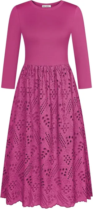 GRACE KARIN Womens Summer 3/4 Sleeve Dress with Pockets A Line Midi Eyelet Dress Empire Waist Casual Fall Flowy Dress
