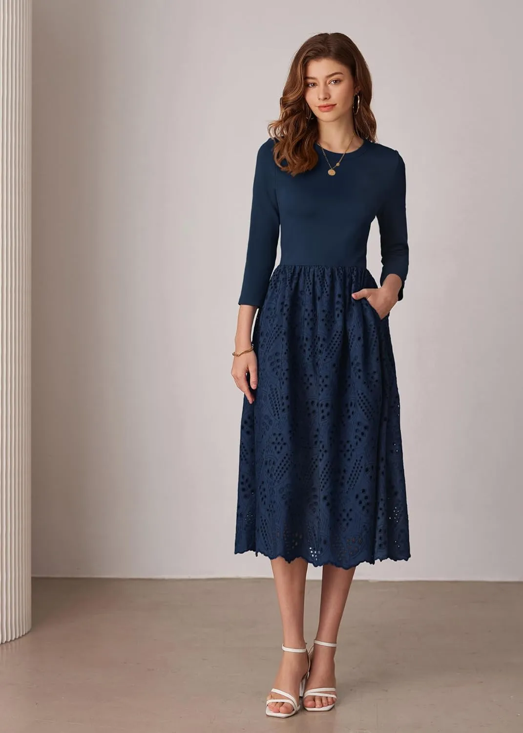 GRACE KARIN Womens Summer 3/4 Sleeve Dress with Pockets A Line Midi Eyelet Dress Empire Waist Casual Fall Flowy Dress