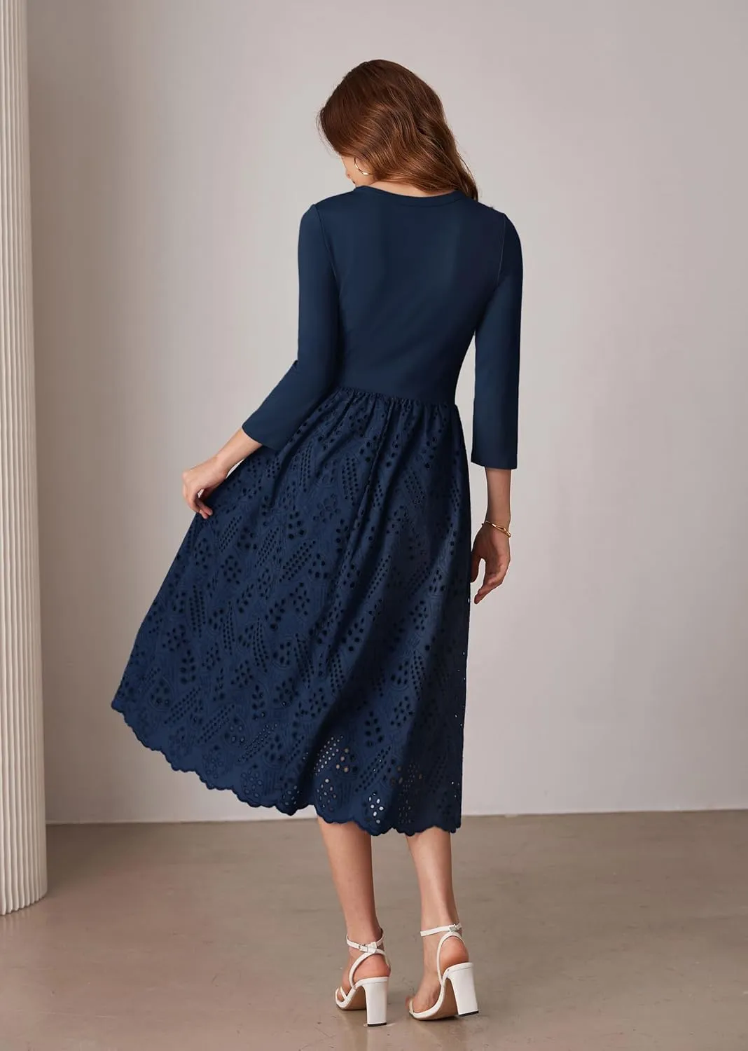 GRACE KARIN Womens Summer 3/4 Sleeve Dress with Pockets A Line Midi Eyelet Dress Empire Waist Casual Fall Flowy Dress