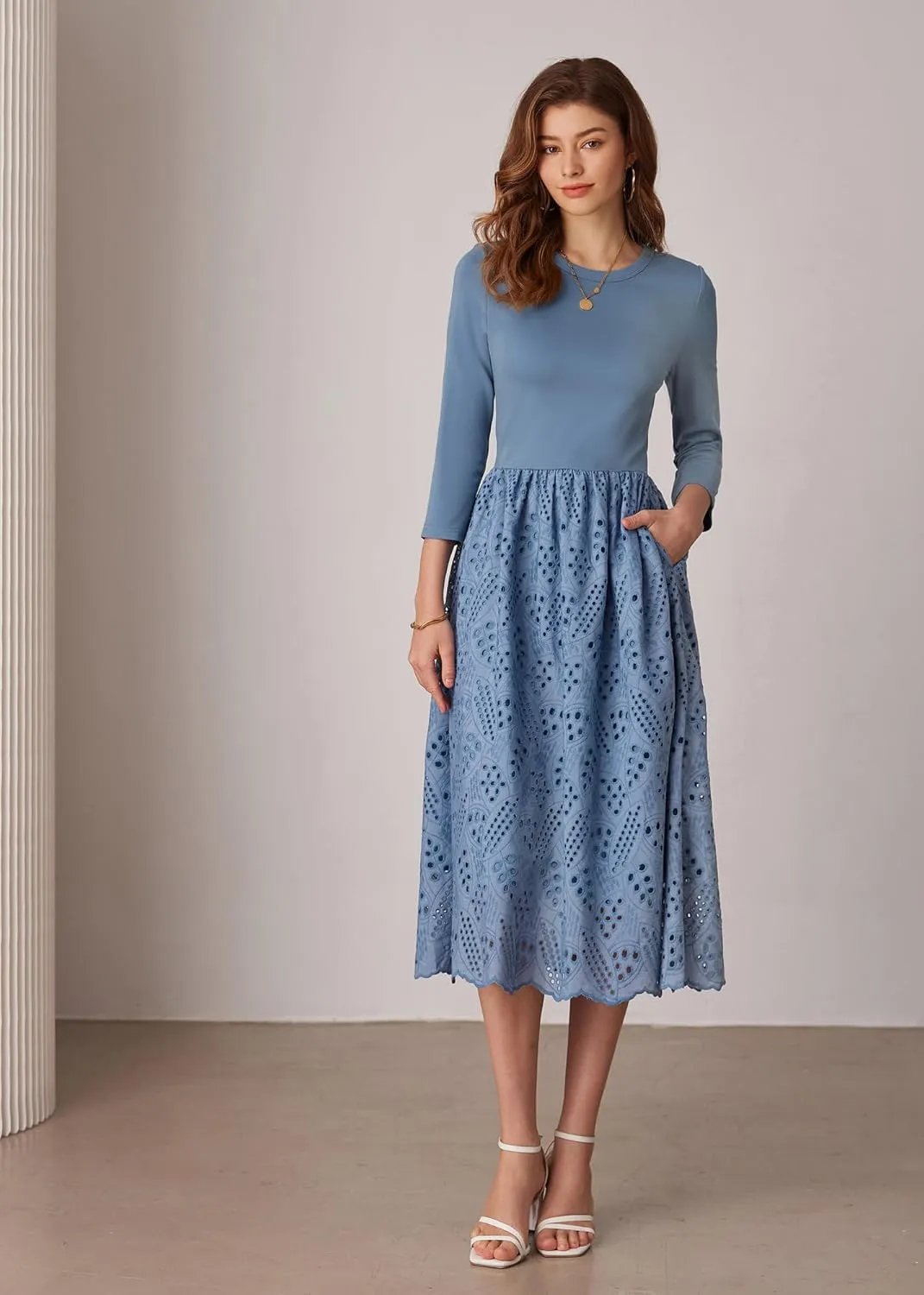 GRACE KARIN Womens Summer 3/4 Sleeve Dress with Pockets A Line Midi Eyelet Dress Empire Waist Casual Fall Flowy Dress