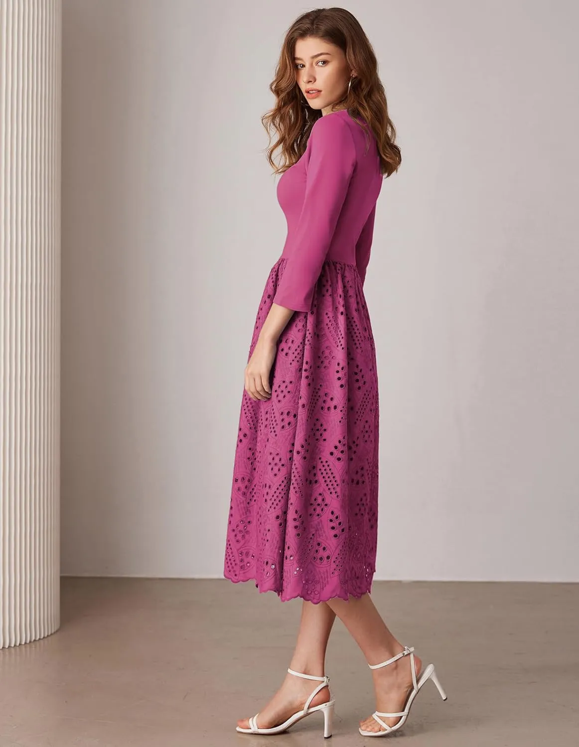 GRACE KARIN Womens Summer 3/4 Sleeve Dress with Pockets A Line Midi Eyelet Dress Empire Waist Casual Fall Flowy Dress