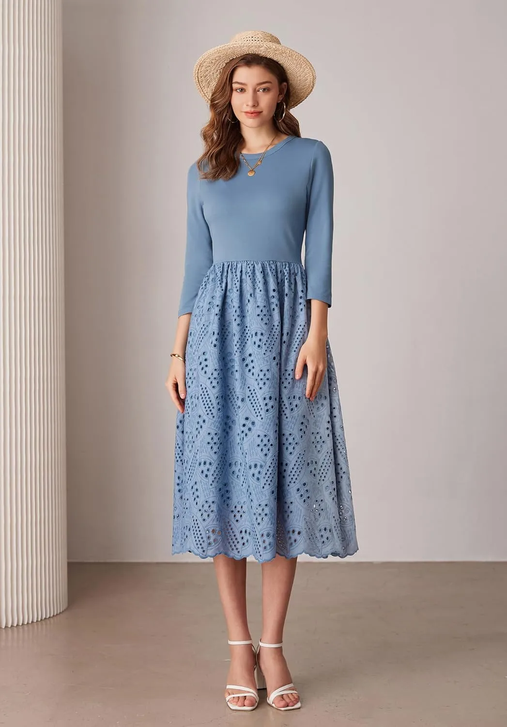 GRACE KARIN Womens Summer 3/4 Sleeve Dress with Pockets A Line Midi Eyelet Dress Empire Waist Casual Fall Flowy Dress