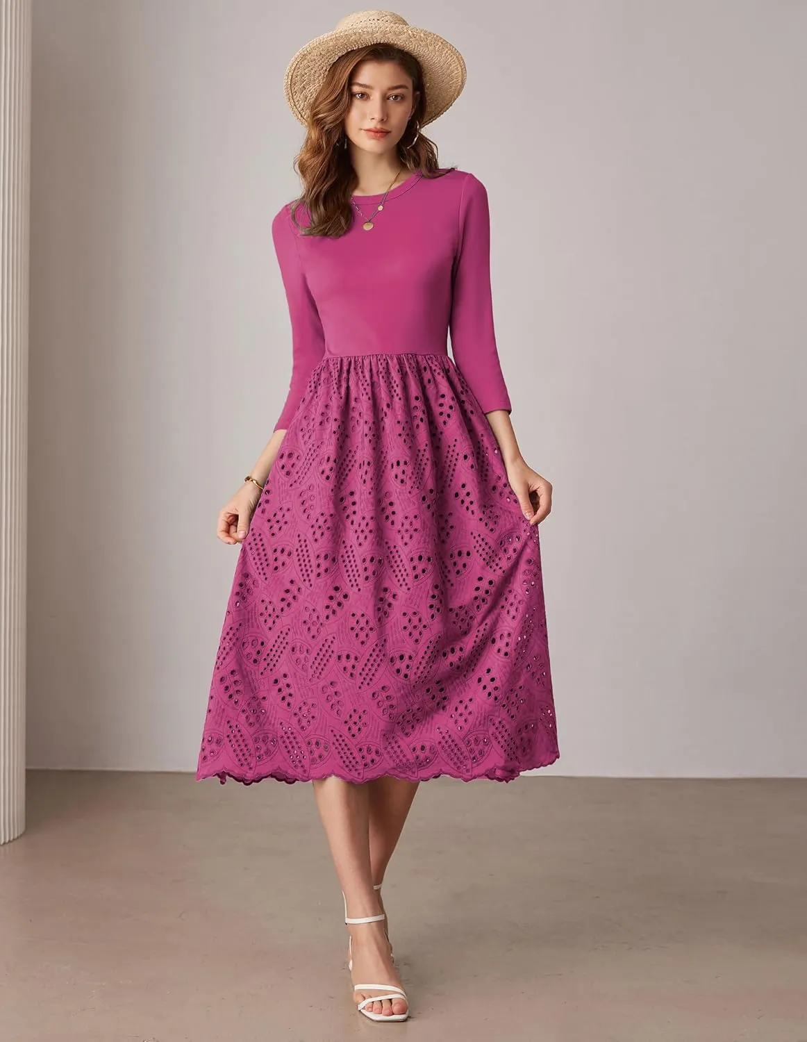 GRACE KARIN Womens Summer 3/4 Sleeve Dress with Pockets A Line Midi Eyelet Dress Empire Waist Casual Fall Flowy Dress