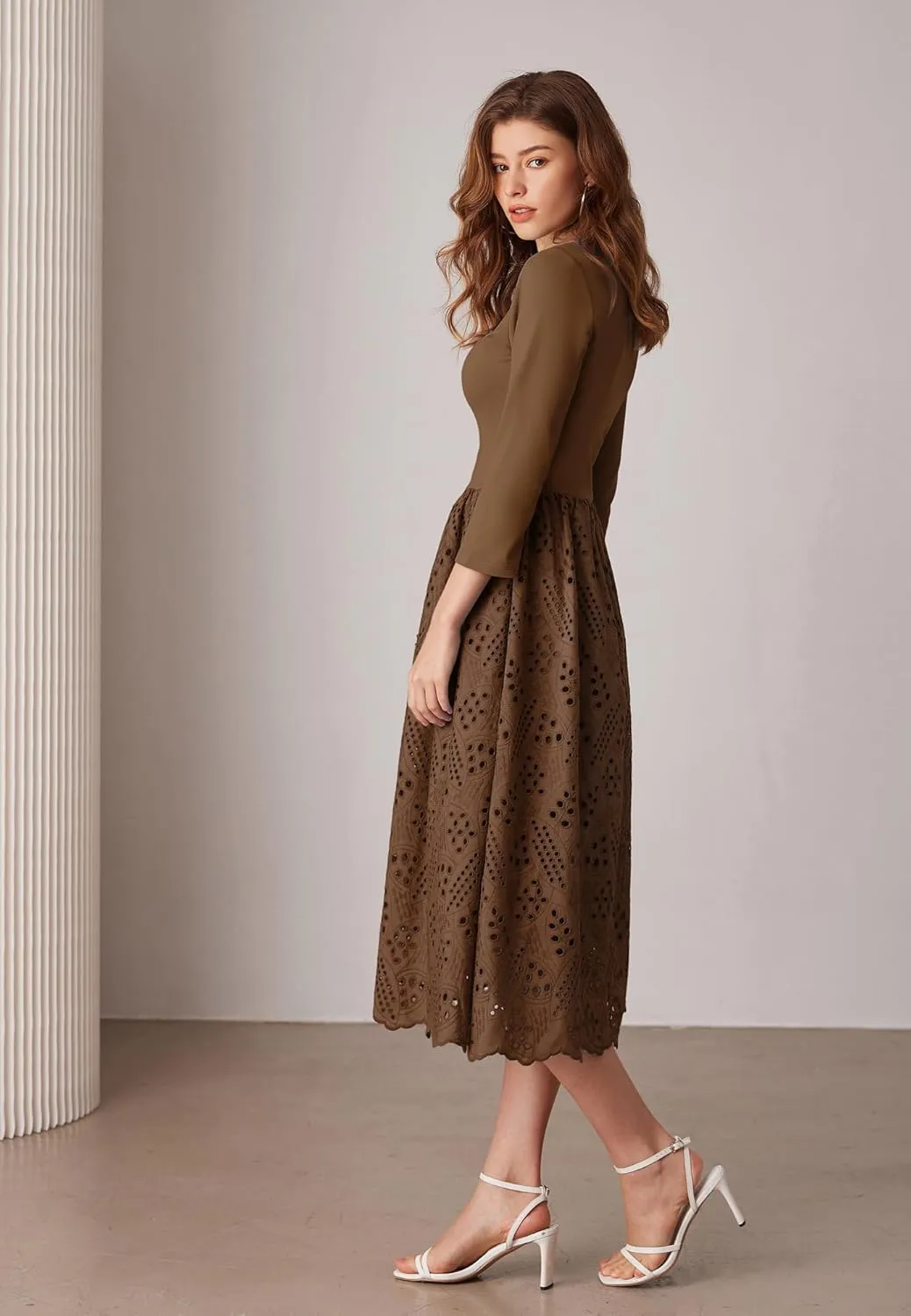 GRACE KARIN Womens Summer 3/4 Sleeve Dress with Pockets A Line Midi Eyelet Dress Empire Waist Casual Fall Flowy Dress