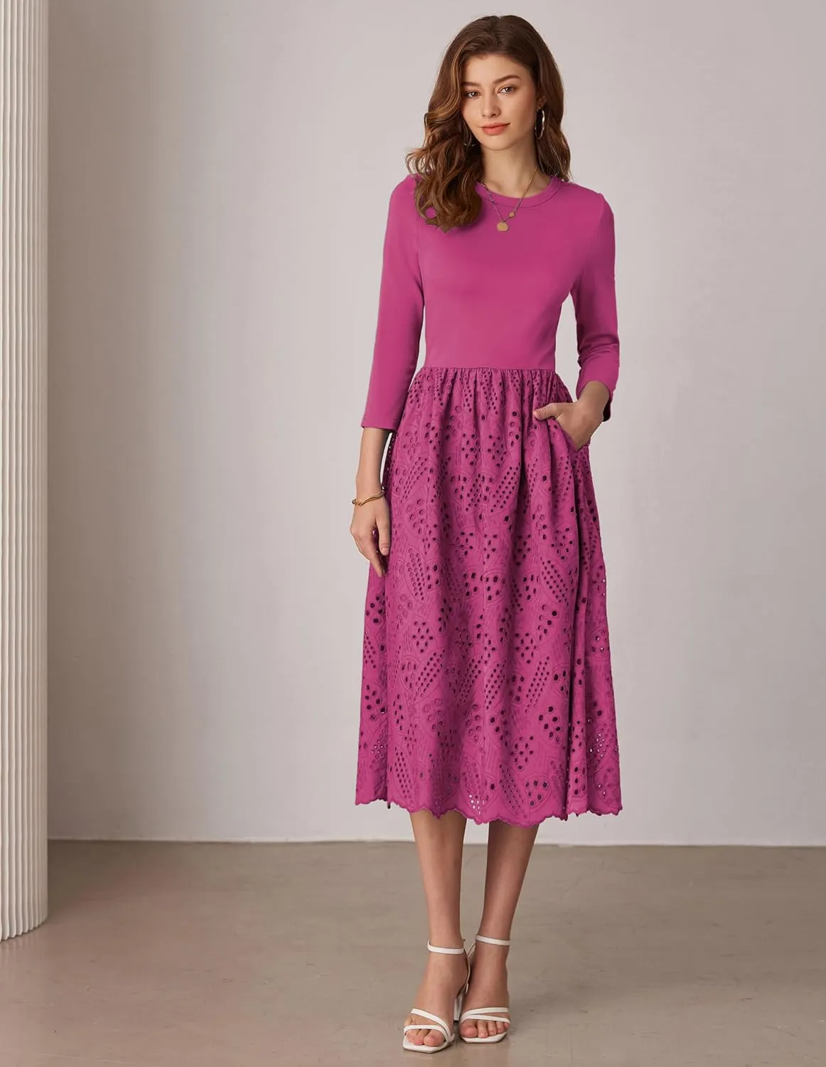 GRACE KARIN Womens Summer 3/4 Sleeve Dress with Pockets A Line Midi Eyelet Dress Empire Waist Casual Fall Flowy Dress